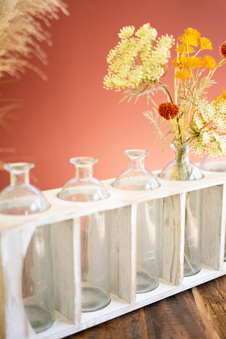 FIVE GLASSS BUD VASES IN A WOODEN CRATE - ANTIQUE WHITE