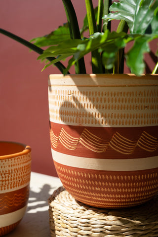 SET OF THREE PAINTED TERRACOTTA PLANTERS - LARGE