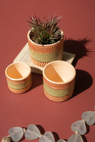 SET OF THREE PAINTED TERRACOTTA PLANTERS - SMALL