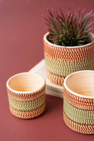 SET OF THREE PAINTED TERRACOTTA PLANTERS - SMALL