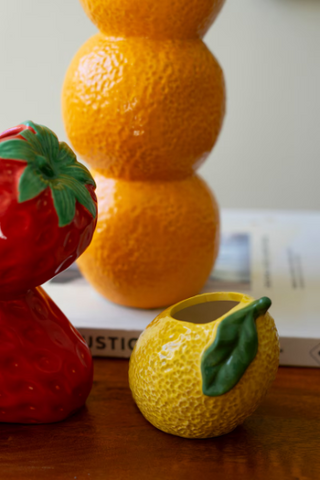 SET OF THREE CERAMIC BUD VASES - ORANGE, STRWBERRY AND LEMON