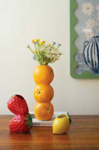 SET OF THREE CERAMIC BUD VASES - ORANGE, STRWBERRY AND LEMON