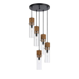 60W X 5 Spheroid Glass/Wood Pendant Fixture