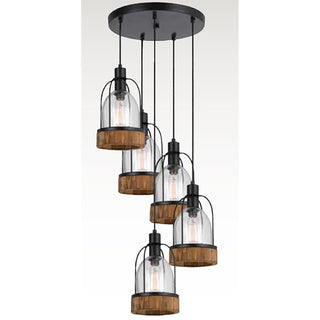 60W X 5 Beacon Glass/Wood Pendant Fixture