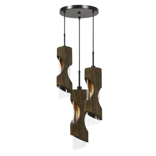 60W X 3 Zamora 3 Light Wood Pendant With Clear Glass Shade