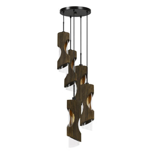 60W X 5 Zamora 5 Light Wood Pendant With Clear Glass Shade