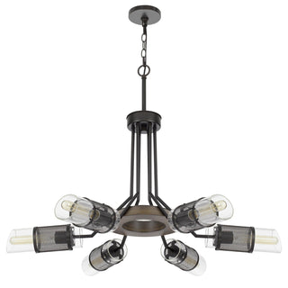 60W X 6 Savona Pine Wood/Metal Chandelier With Double Layer Glass/Metal Mesh Shade. (Edison Bulbs Not Included)