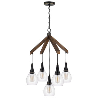 60W X 5 Watkins Rubber Wood Chandelier With Hanging Glass Shades