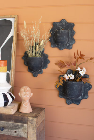 SET OF THREE BLACK WAVY CLAY WALL PLANTERS