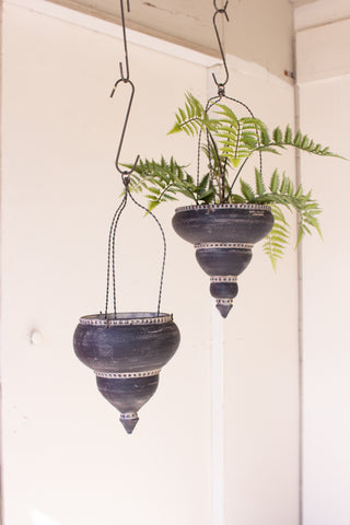 SET OF TWO BLACK CERAMIC MOROCCAN INSPIRED HANGING PLANTERS