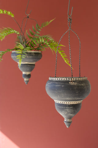 SET OF TWO BLACK CERAMIC MOROCCAN INSPIRED HANGING PLANTERS