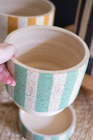 SET OF THREE CLAY PLANTERS WITH STRIPED DETAILS + TRAYS -ONE EACH SIZE