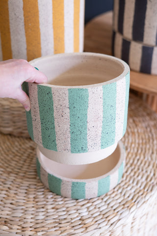 SET OF THREE CLAY PLANTERS WITH STRIPED DETAILS + TRAYS -ONE EACH SIZE