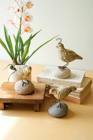 SET OF THREE CLAY QUAIL ON RIVER ROCK BASES