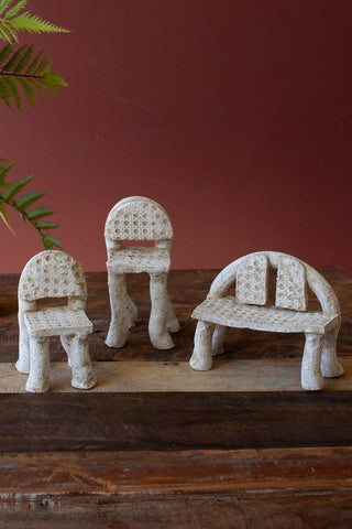 SET OF THREE CLAY FURNITURE SCULPTURES