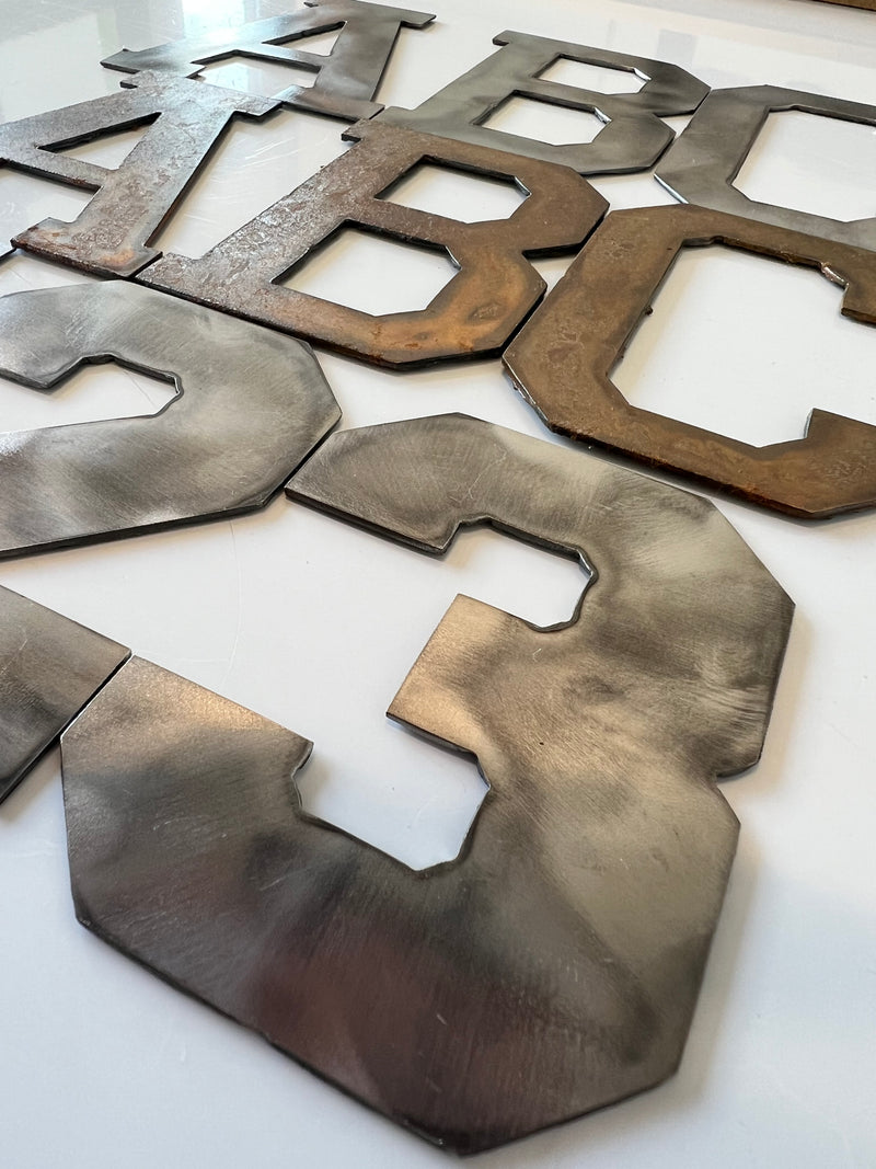2 Inch Metal Letters and Numbers - Rusty or Natural Steel Finish - Varsity