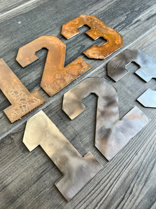 12 Inch Metal Letters and Numbers - Rusty or Natural Steel Finish - Varsity Font