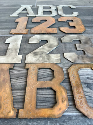 6 Inch Metal Letters and Numbers - Rusty or Natural Steel Finish - Varsity