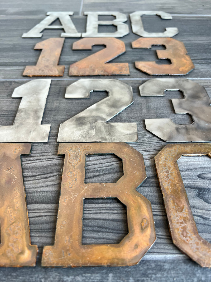 8 Inch Metal Letters and Numbers - Rusty or Natural Steel Finish - Varsity