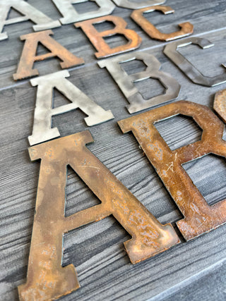 10 Inch Metal Letters and Numbers - Rusty or Natural Steel Finish - Varsity Font