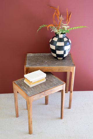 SET 2 NESTING MANGO WOOD ACCENT TABLES W TITANIUM TRAVERTINE TOPS