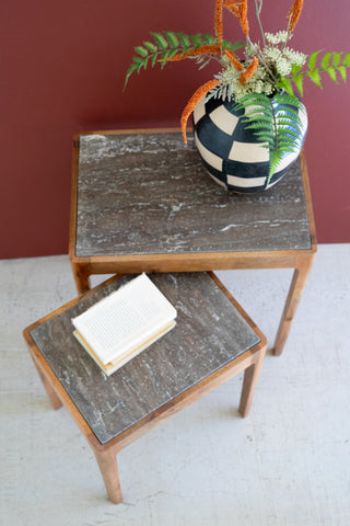 SET 2 NESTING MANGO WOOD ACCENT TABLES W TITANIUM TRAVERTINE TOPS