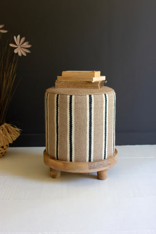 NATURAL STRIPED JUTE FOOTSTOOL WITH WOODEN BASE