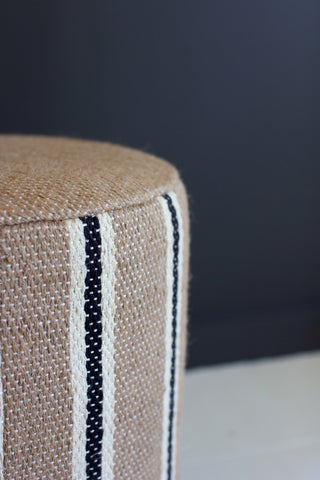 NATURAL STRIPED JUTE FOOTSTOOL WITH WOODEN BASE