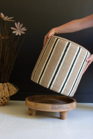 NATURAL STRIPED JUTE FOOTSTOOL WITH WOODEN BASE