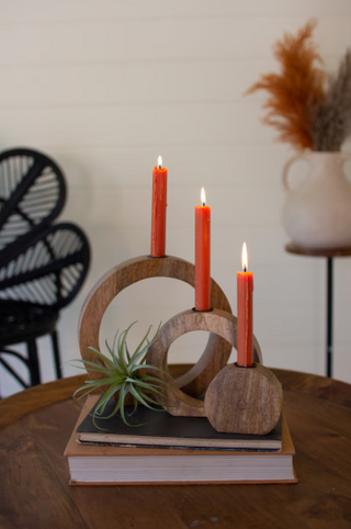 SET OF THREE CIRCLE MANGO WOOD TAPER CANDLE STANDS