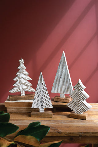 SET OF FOUR WHITEWASHED CHRISTMAS TREES ON WOOD BASES