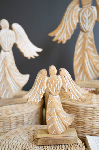 SET OF THREE CARVED WOODEN ANGELS ON WOOD BASES