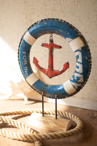 RECYCLED IRON LIFE PRESERVER WITH ANCHOR ON A STAND