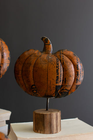 SET OF THREE RECYCLED METAL PUMPKINS ON WOODEN BASES