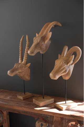 SET OF THREE CARVED MANGO WOOD AFRICAN ANIMAL HEADS