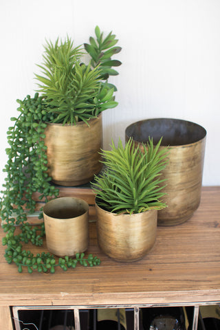 Set of 4 Metal Flower Pots with an Aged Brass Finish