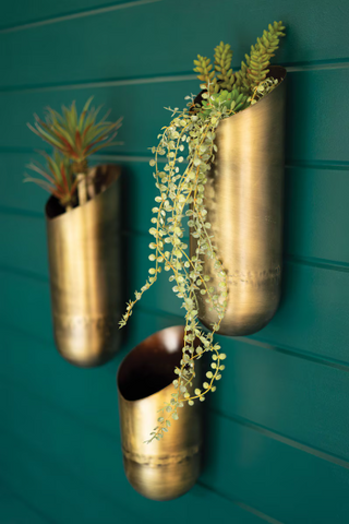 SET OF THREE ANTIQUE BRASS WALL VASES