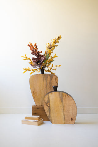 SET OF TWO MANGO WOOD AND METAL VASES