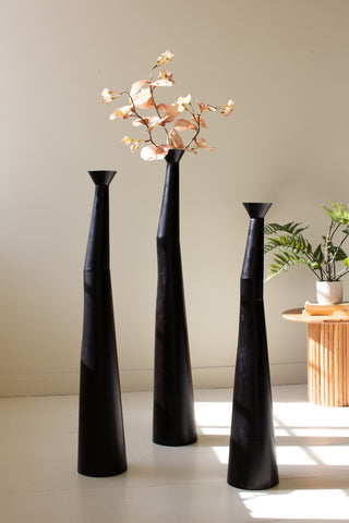 SET OF THREE WAXED BLACK TALL VASES