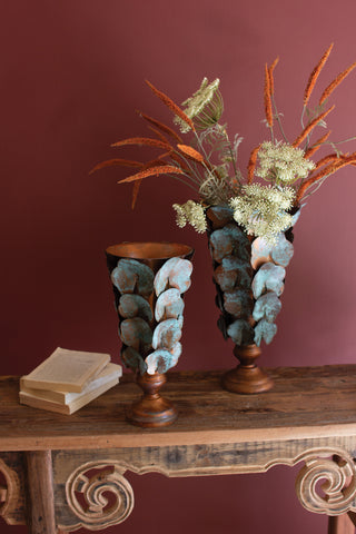 SET OF TWO COPPER PATINA METAL LOTUS LEAF VASES