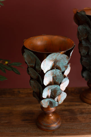 SET OF TWO COPPER PATINA METAL LOTUS LEAF VASES