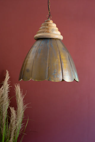 ANTIQUE BRASS PENDANT LIGHT WITH WOOD DETAIL 20" DIA.