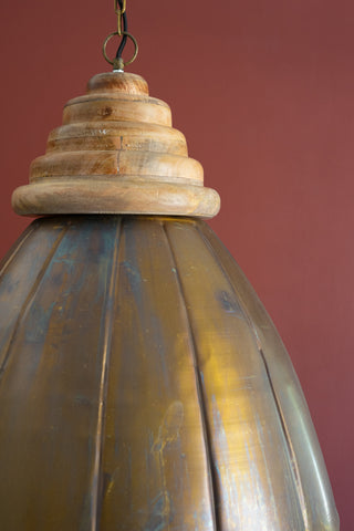 ANTIQUE BRASS PENDANT LIGHT WITH WOOD DETAIL 20" DIA.