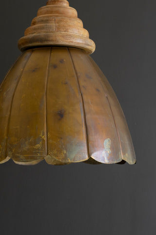 ANTIQUE BRASS PENDANT LIGHT WITH WOOD DETAIL 20" DIA.