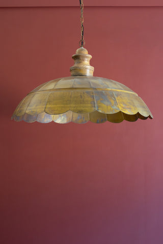 ANTIQUE BRASS PENDANT LIGHT WITH WOOD DETAIL 31" DIA.