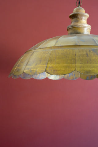 ANTIQUE BRASS PENDANT LIGHT WITH WOOD DETAIL 31" DIA.