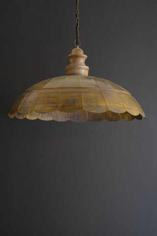 ANTIQUE BRASS PENDANT LIGHT WITH WOOD DETAIL 31" DIA.