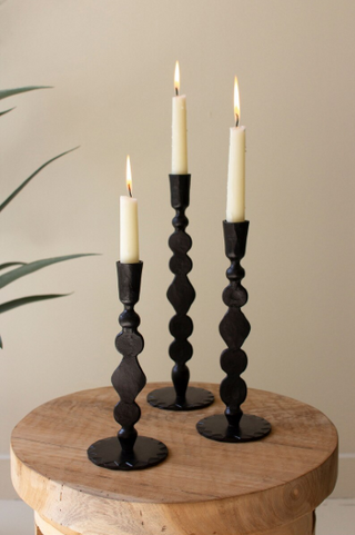 SET OF THREE FORGED IRON TAPER CANDLE HOLDERS - WAXED BLACK