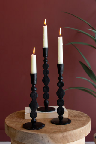 SET OF THREE FORGED IRON TAPER CANDLE HOLDERS - WAXED BLACK