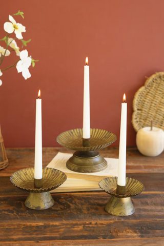 SET OF THREE TAPER CANDLE HOLDERS W FLUTED BASES -ANT GOLD